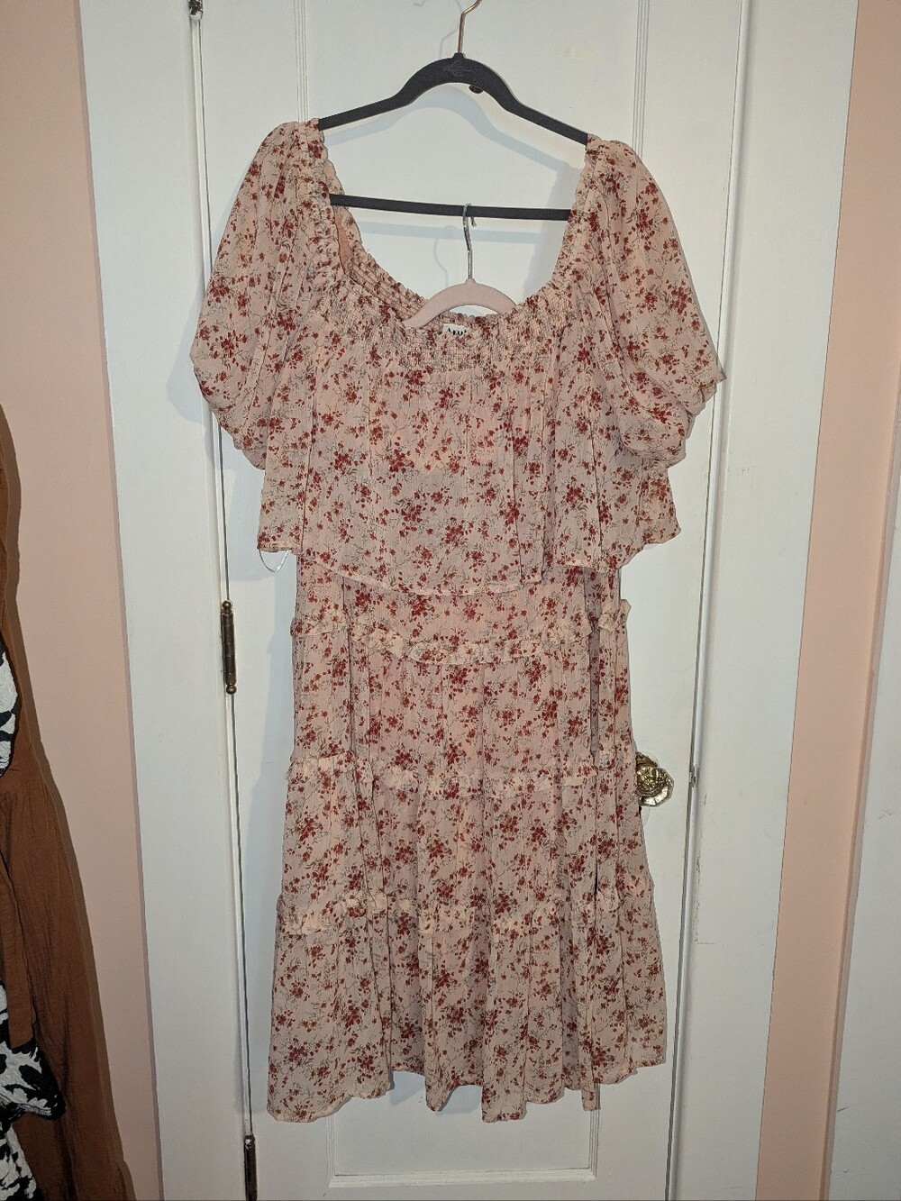 ARULA Blush Pink Midi Dress with Rust Floral Print